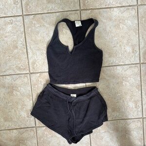 Black Waffle Knit Sleepwear Set